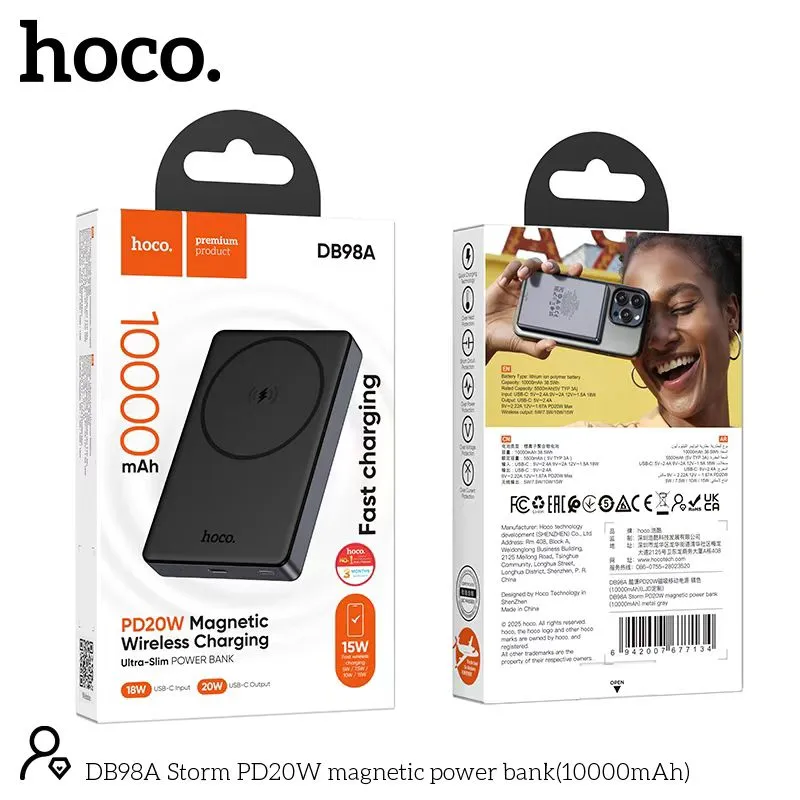 Picture of Hoco DB98A Storm PD 20W Slim Magnatic 10000mAh Power Bank - Black