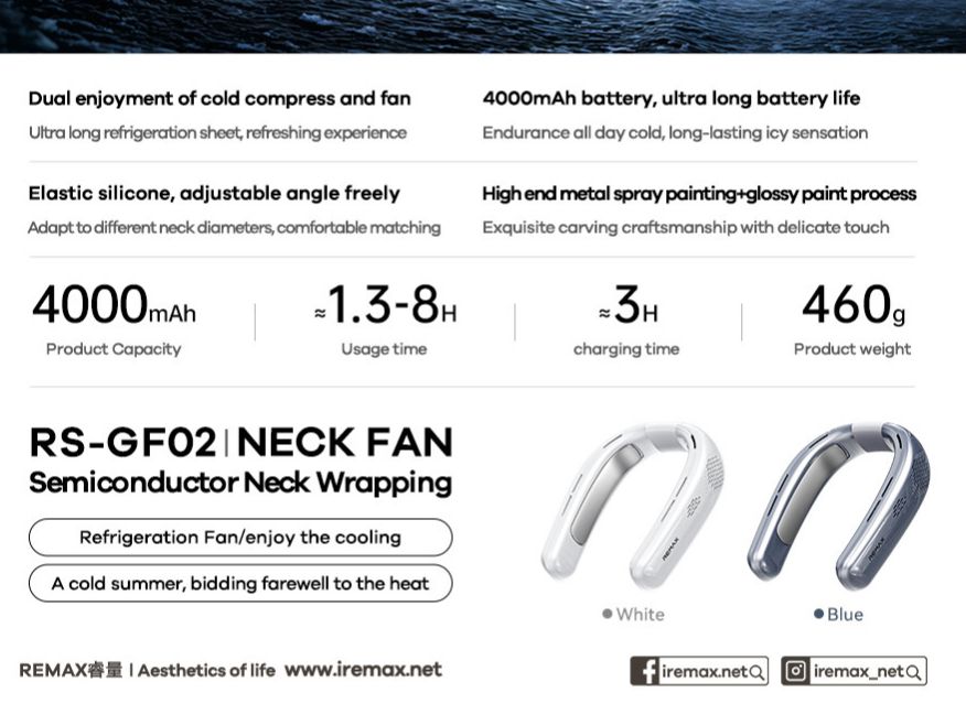 Picture of Remax RS-GF02 Semiconductor Neck Wrap Around Recharging Cooling Fan with 3 Month Warranty - Icelandic Blue