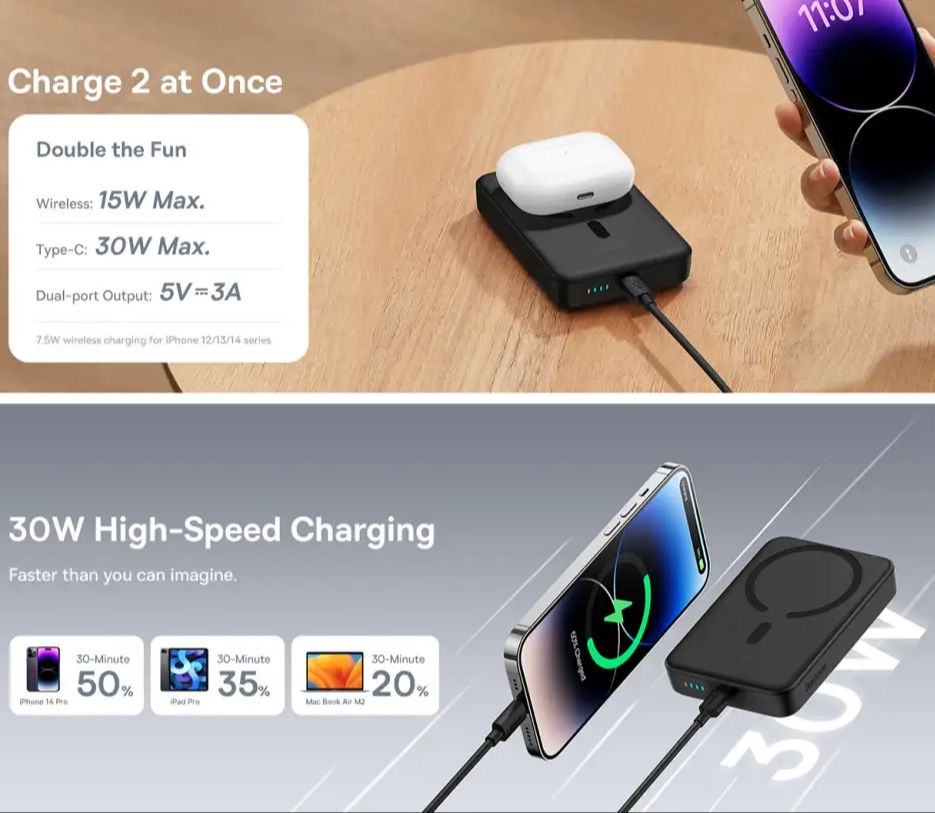 Picture of Baseus 30W Magnetic Mini Fast Charging 10000mAh Power Bank USB-C Quick Charge for iPhone 17/16/15/14/13 Series, Samsung S/Ultra Series, Mini Powerbank USB-C, Small But Powerfull - White
