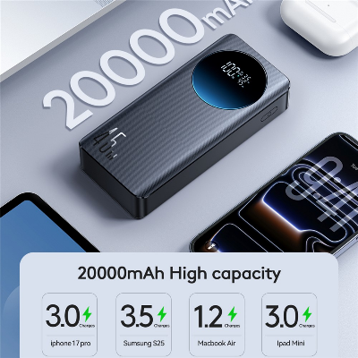Picture of JOYROOM JR-PBF02 Pro 20000mAh Power Bank 45W Super Fast Charging Digital Display Portable Charger with 4 Port Output - Black - Black