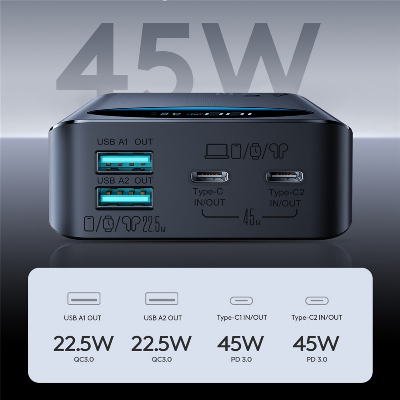Picture of JOYROOM JR-PBF02 Pro 20000mAh Power Bank 45W Super Fast Charging Digital Display Portable Charger with 4 Port Output - Black - Black