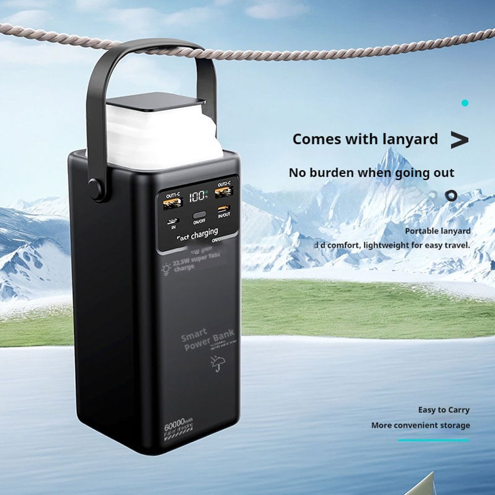 Picture of Upmax Newly Launched 22.5w Fast Charging Outdoor Camping 60000mah High Capacity With 4 Cables Handle LED Light Power Bank - Black - Black