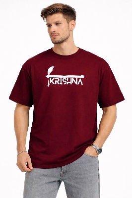 Picture of Maroon Drop Shoulder Oversize Printed Cotton T-Shirt for Men | Vaidik Bastraloy Premium Casual Streetwear - Maroon