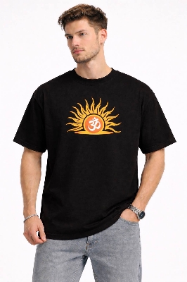 Picture of Black Cotton Hindu Om Symbol Printed Drop shoulder oversize T-Shirt for Men | Vaidik Bastraloy Premium Casual Half Sleeve T-Shirt - Black