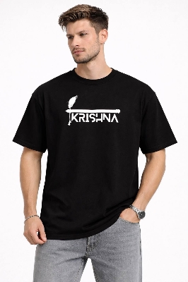 Picture of Black Cotton Printed T-Shirt for Men | Vaidik Bastraloy Premium Half Sleeve Drop shoulder oversize T-Shirt - Black