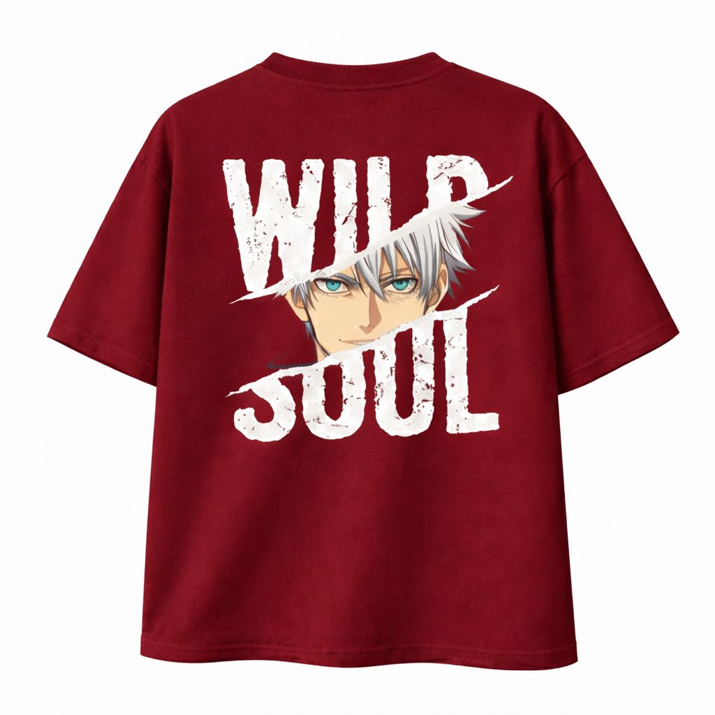 Picture of Jujutsu Kaisen  Gojo Satoru 200+ GSM Premium Cotton Drop Shoulder Maroon T-Shirt - Maroon