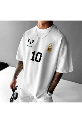 Picture of Argentina Lionel Messi 10 Printed White Oversized T-Shirt | Premium Cotton Drop Shoulder | Unisex Casual Tee - White
