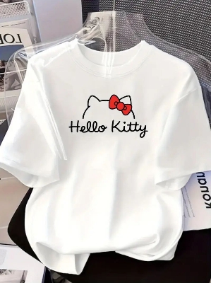 Picture of Hello Kitty White T-Shirt for Women | Cute Cartoon Printed Oversized Tee - White