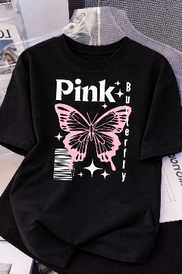 Picture of Girls Pink Butterfly Printed Black Oversized T-Shirt | Aesthetic Drop Shoulder Tee for Women | Premium Cotton Casual Top - Black