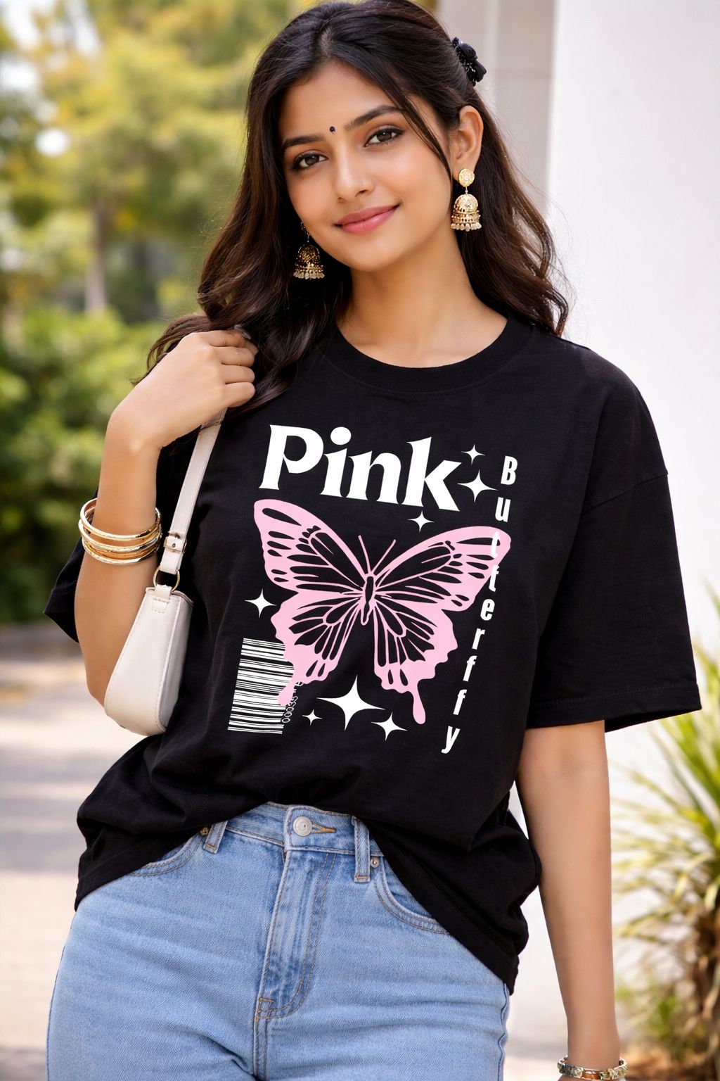 Picture of Girls Pink Butterfly Printed Black Oversized T-Shirt | Aesthetic Drop Shoulder Tee for Women | Premium Cotton Casual Top - Black