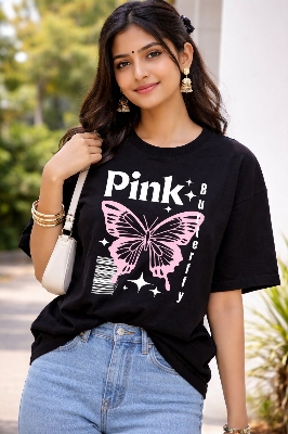 Picture of Girls Pink Butterfly Printed Black Oversized T-Shirt | Aesthetic Drop Shoulder Tee for Women | Premium Cotton Casual Top - Black