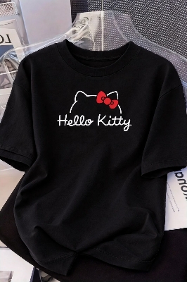 Picture of Hello Kitty Black T-Shirt for Women | Cute Cartoon Printed Oversized Tee - Black