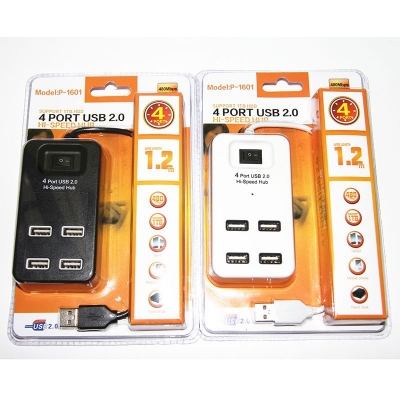 Picture of Portable 4 Ports USB 2.0 High Speed Hub with Cable On/Off Switch P-1601 - Usb Hub (Black)