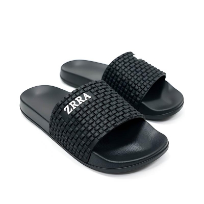 Picture of Men's Premium Black Woven Slide Slipper Sandals | Trendy Designer Checkered EVA Comfort Shoes | Non-Slip, Indoor & Outdoor Flats (Men's Black Slide Slippers)