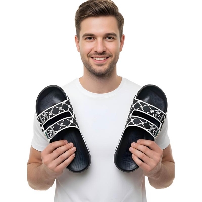 Picture of Kazi Brand Men’s Double Strap Premium Comfort Slider Sandal – Black | Trendy Lightweight Casual Slipper for Daily Wear