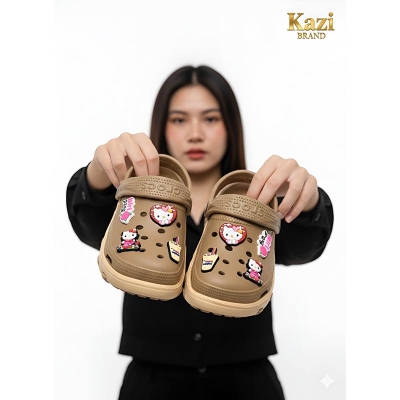 Picture of 👑 TRENDY Crocs Style Clogs Sandal with Jibbitz Charm | Kazi Brand Clogs For Girls/Women | Soft & Comfy EVA Foam Slipper | Non-Slip Platform Hole Shoes