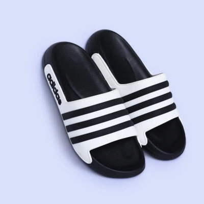 Picture of New Original Adidas Classic Black & White Triple-Line Slides – Trendy Casual Slip-On Sandals for Men & Women | Lightweight, Comfortable & Stylish Footwear