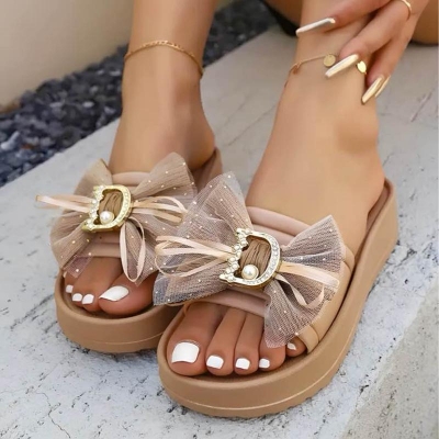Picture of Pearl Embellished Ribbon Platform Slippers for Women