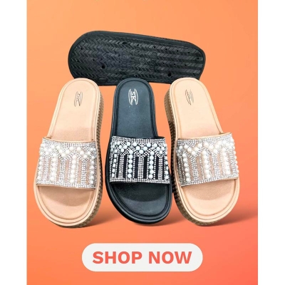 Picture of Trendy Women Rhinestone Decor Sandals, Glamorous New Fabric Wedge Slide Sandals New Fashionable Premium Sandal For Wonan
