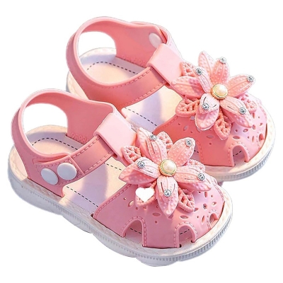 Picture of Sweet Princess Sandals 2024 New Summer Kids Fashion Covered Toes Soft Girl Pink Flower Children Snap Button Flat Casual Non-slip