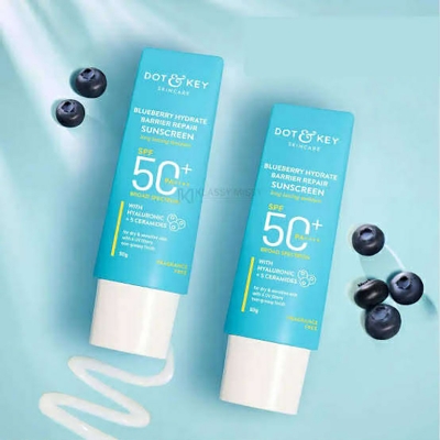 Picture of Dot & Key Blueberry Hydrate Barrier Repair Sunscreen 80gm SPF50+ PA++++ | For Dry & Sensitive Skin | Non - Greasy Finish | No White Cast | UV & Blue Light Protection | Broad Spectrum
