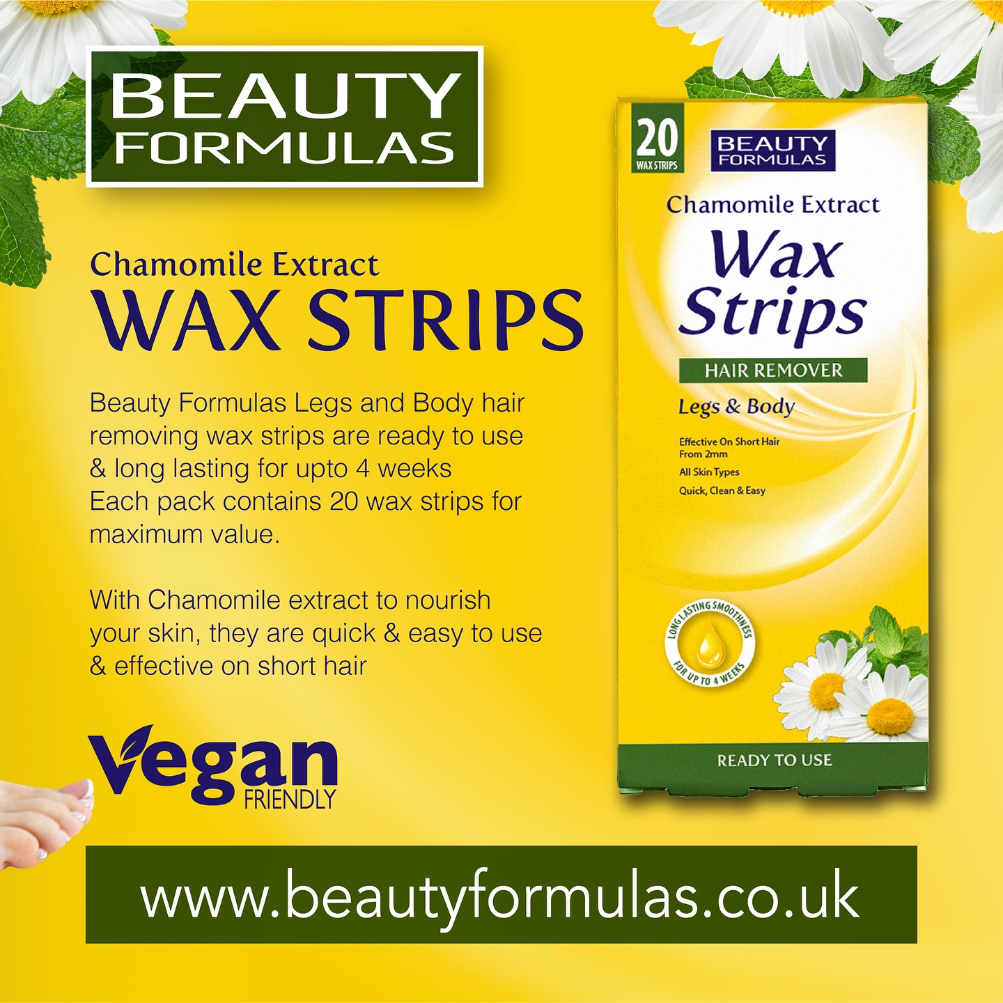 Picture of Beauty Formulas CHAMOMILE  Wax Strips Hair Remover Legs & Body-20 STRIPS