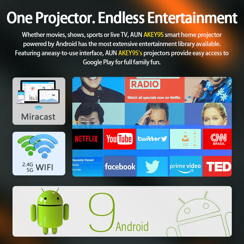 Picture of AUN AKEY9S Autofocus Android Projector 64GB ROM Full HD Native LED Home Theater Projectors 4k Video Beamer 1080P Bluetooth WIFI Smart TV (AKEY9S)