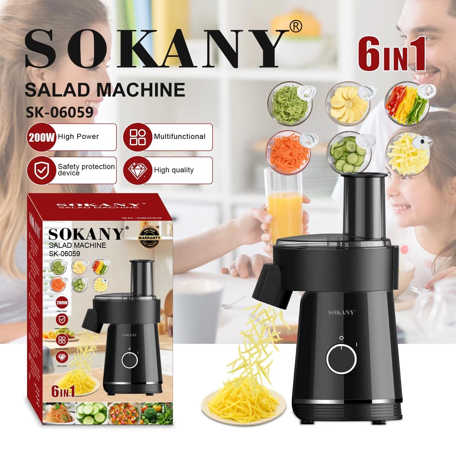 Picture of SokanySK-06059 Home Use 6 in 1 Multifunction Slicing Shredding Disc Electric Vegetable Shredder Salad Maker Chopper