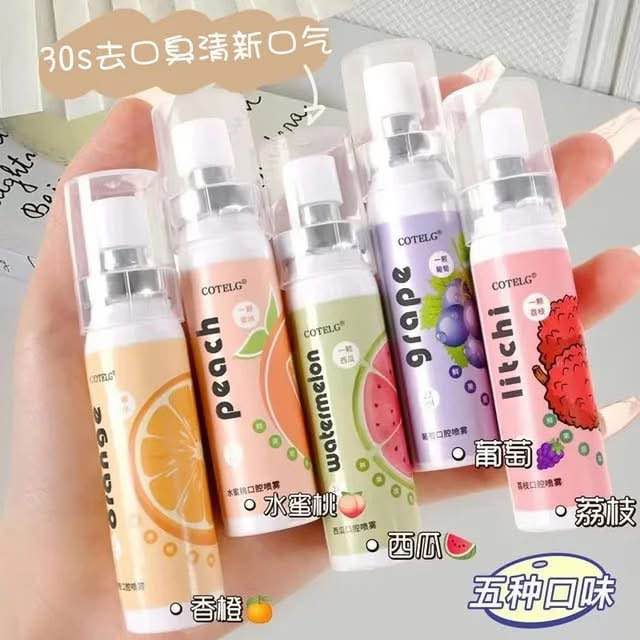 Picture of Oral Fresh Spray Mouth Freshener 6 Smell Fresh Breath Mouth Fruit Litchi Peach Grape Flavor Persistent Portable Oral Care