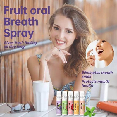 Picture of Oral Fresh Spray Mouth Freshener 6 Smell Fresh Breath Mouth Fruit Litchi Peach Grape Flavor Persistent Portable Oral Care