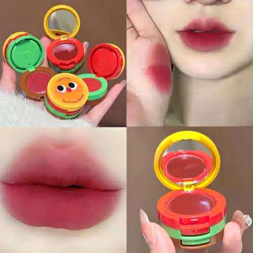 Picture of Butter Hamburger Lip Mud 3 in 1 Waterproof Velvet Red Brown Mousse Lipstick Set Cute Combo Tint Non-stick Cup Lips Makeup