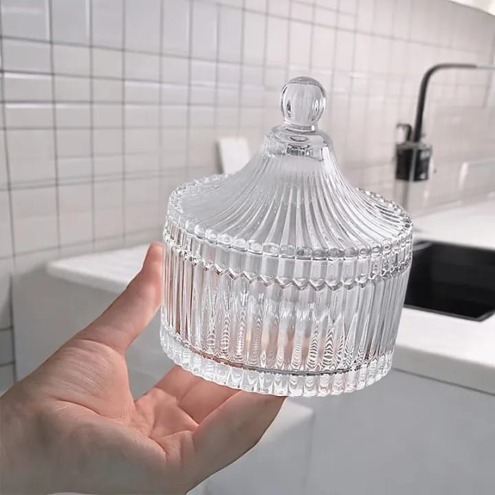 Picture of 1 Pc 200ml Glass Decorative Bowl - Royal Shape, Lining Design, Ideal for Candy - Multicolor