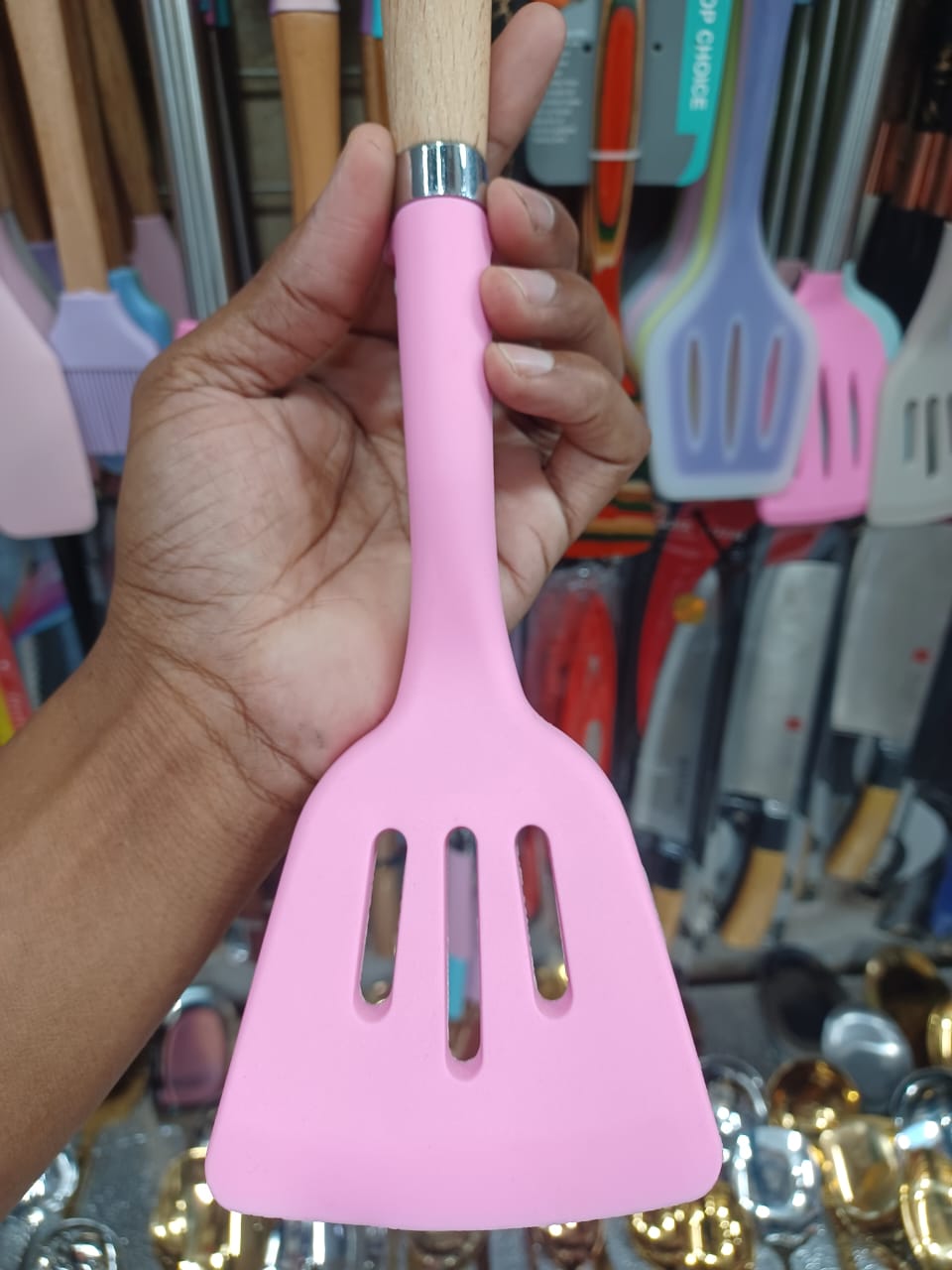 Picture of 1pc Non-Stick Silicone Kitchen Utensils Spatula, Wood Handle, Food Grade, BPA-Free - Multicolor