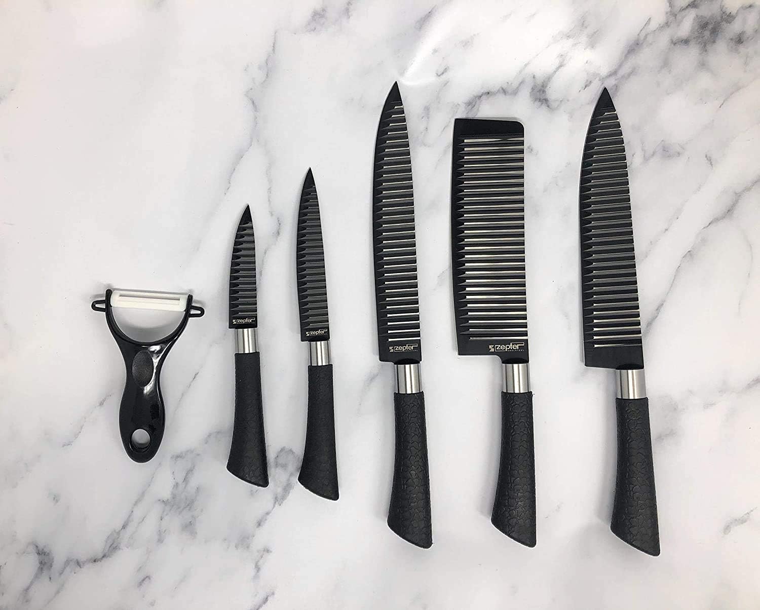 Picture of Zepter Kitchen Knife Set 6 Pcs chef knife, bread knife, paring knife, scissors, and ceramic peeler, with sharp blades for cutting meat, vegetables, fruit, etc.