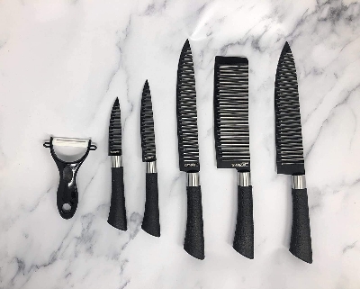 Picture of Zepter Kitchen Knife Set 6 Pcs chef knife, bread knife, paring knife, scissors, and ceramic peeler, with sharp blades for cutting meat, vegetables, fruit, etc.