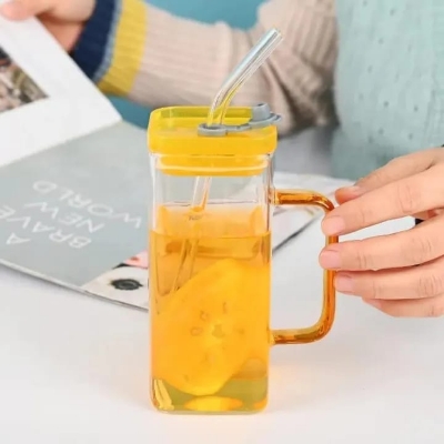Picture of 400ml/Glass Made Straw/Glaas Made Body/and High Quality plastic Lid. Beautiful Square Masonjar/  Drinking /Juice Mug - Yellow