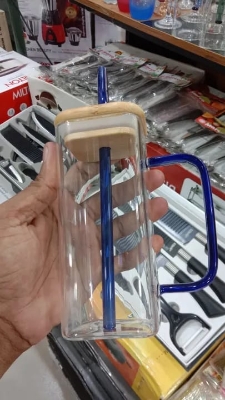 Picture of 400ml/Glass Made Straw/Glaas Made Body/and High Quality Wooden Lid. Beautiful Square Masonjar/  Drinking /Juice Mug - Blue
