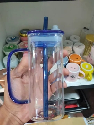Picture of 400ml/Glass Made Straw/Glaas Made Body/and High Quality plastic Lid. Beautiful Square Masonjar/  Drinking /Juice Mug - Blue