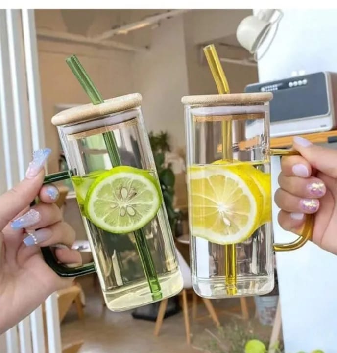 Picture of 400ml/Glass Made Straw/Glaas Made Body/and High Quality Wooden Lid. Beautiful Square Masonjar/  Drinking /Juice Mug - Multicolor