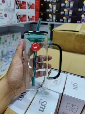Picture of 400ml/Glass Made Straw/Glaas Made Body/and High Quality plastic Lid. Beautiful Square Masonjar/  Drinking /Juice Mug - Multicolor