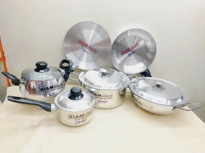 Picture of Exclusive 10 pcs Kiam Family Pack Cookware Set Aluminium. Casserole Stock Pot, Korai, Milk Pan, Baly Such Pan, Ruti Tawa, Fry Pan & - Silver