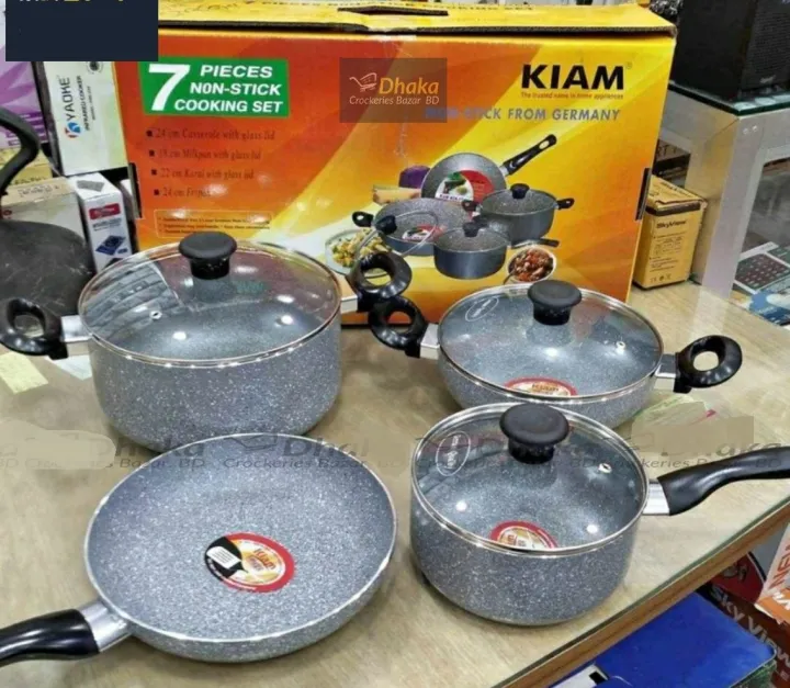 Picture of Kiam Non Stick 7 Pcs Cookware Set For Superior Release -1Pc Casserol, 1Pc Fry pan, 1Pc Karai and 1Pc Milk pan with 3 lids - Multicolor
