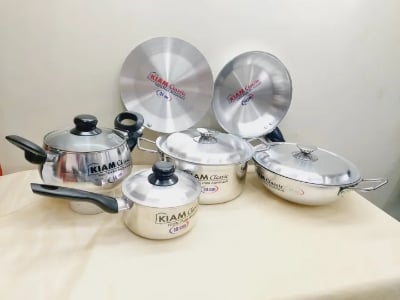 Picture of Exclusive 10 pcs Kiam Family Pack Cookware Set Aluminium. Casserole Stock Pot, Korai, Milk Pan, Baly Such Pan, Ruti Tawa, Fry Pan & - Silver