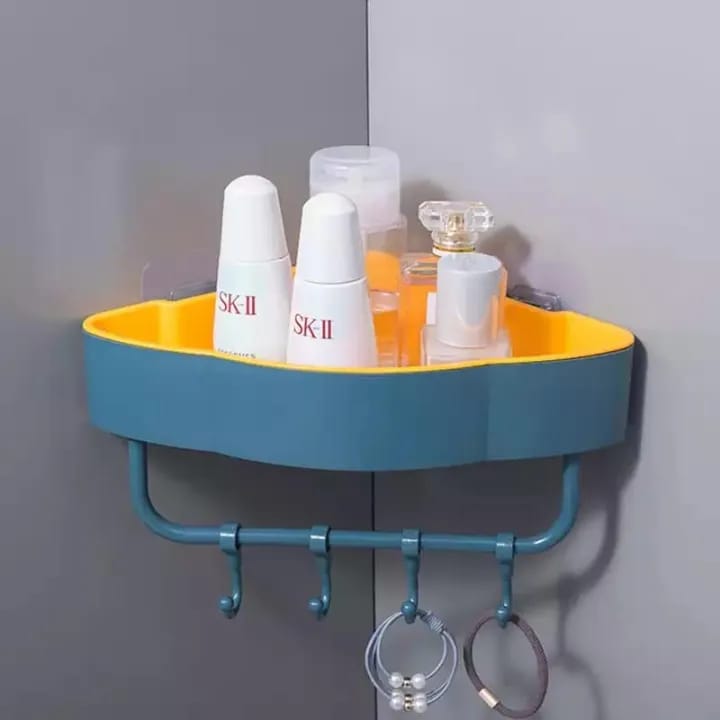 Picture of bathroom, kitchen self with hanger Free Punch Wall Corner Bathroom Storage Shelves Shelf With Hook Bathroom - Multicolor