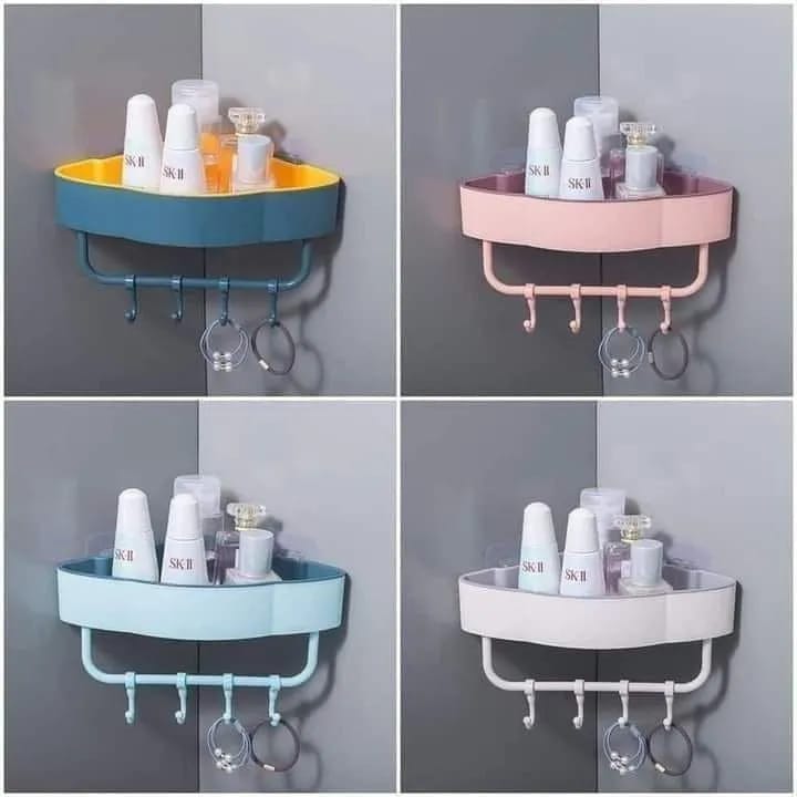 Picture of Bathroom, kitchen self with hanger Free Punch Wall Corner Bathroom Storage Shelves Shelf With Hook Bathroom - Multicolor