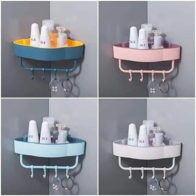 Picture of Bathroom, kitchen self with hanger Free Punch Wall Corner Bathroom Storage Shelves Shelf With Hook Bathroom - Multicolor