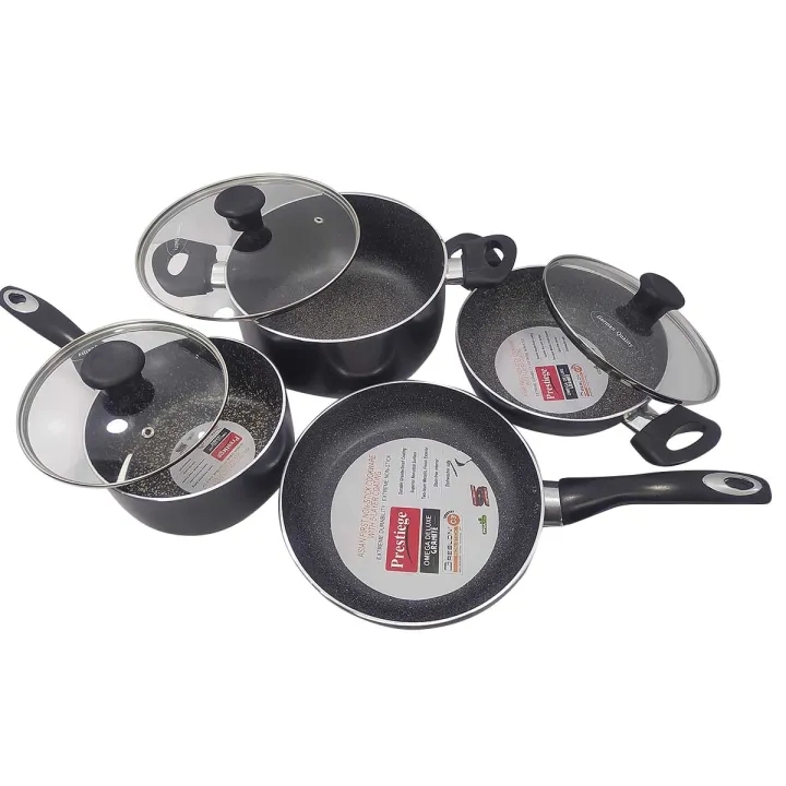Picture of Prestiege Granite Coated 7 Pcs Induction Cookware Set For Superior Release -1Pc Casserol, 1Pc Fry pan, 1Pc Karai, 1Pc Milk pan and 3 lids Gift And Home Use - Multicolor