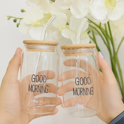 Picture of GOOD Morning Glass Cup With Lid and Straw Transparent Bubble Tea Cup Juice Glass Beer Coffee Cup Milk Mocha Cups Breakfast Mug - Transparent