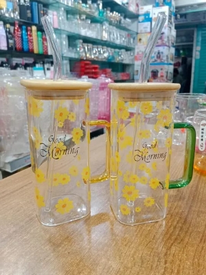 Picture of Glass Made Body and Glass Made Staw Flower Printed Juice Mug With Bamboo Lid & Sip - Yellow