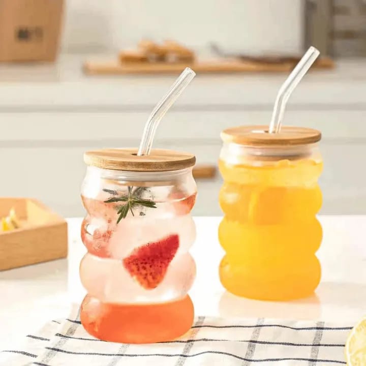 Picture of 480ml Creative Ripple Glass Cup with Bamboo Lid & Straw Heat Resistant Vintage Style Transparent Coffee & Juice Mug - Clear